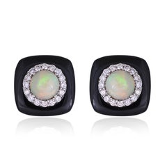 Set in 18K Gold, Ethiopian Opals, Black Onyx & Diamonds Art Deco Stud Earrings