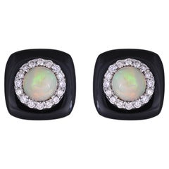 Set in 18K Gold, Ethiopian Opals, Black Onyx & Diamonds Art Deco Stud Earrings