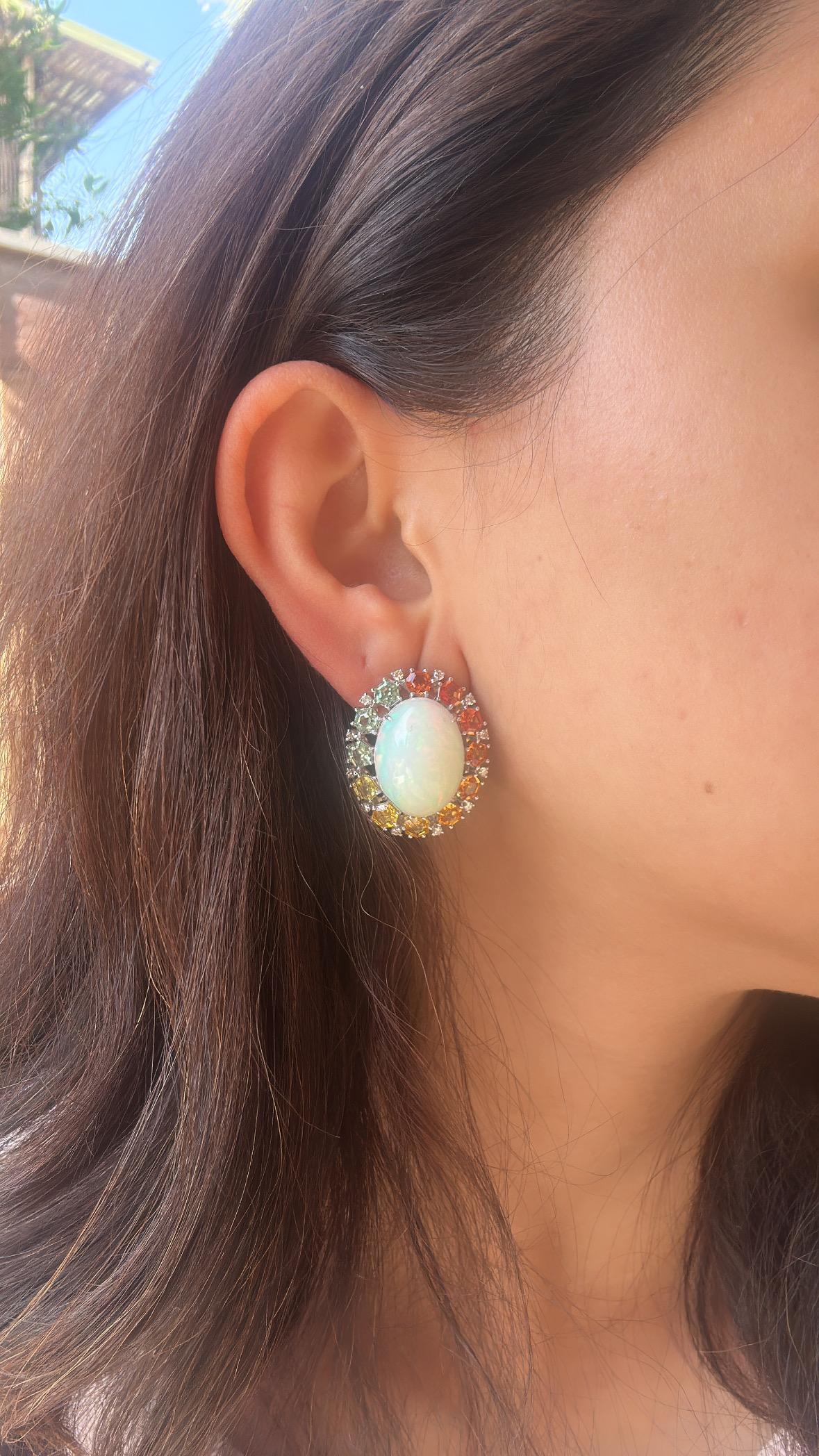 Set in 18K Gold, Ethiopian Opals, Multi Sapphires & Diamonds Stud Earrings For Sale 4