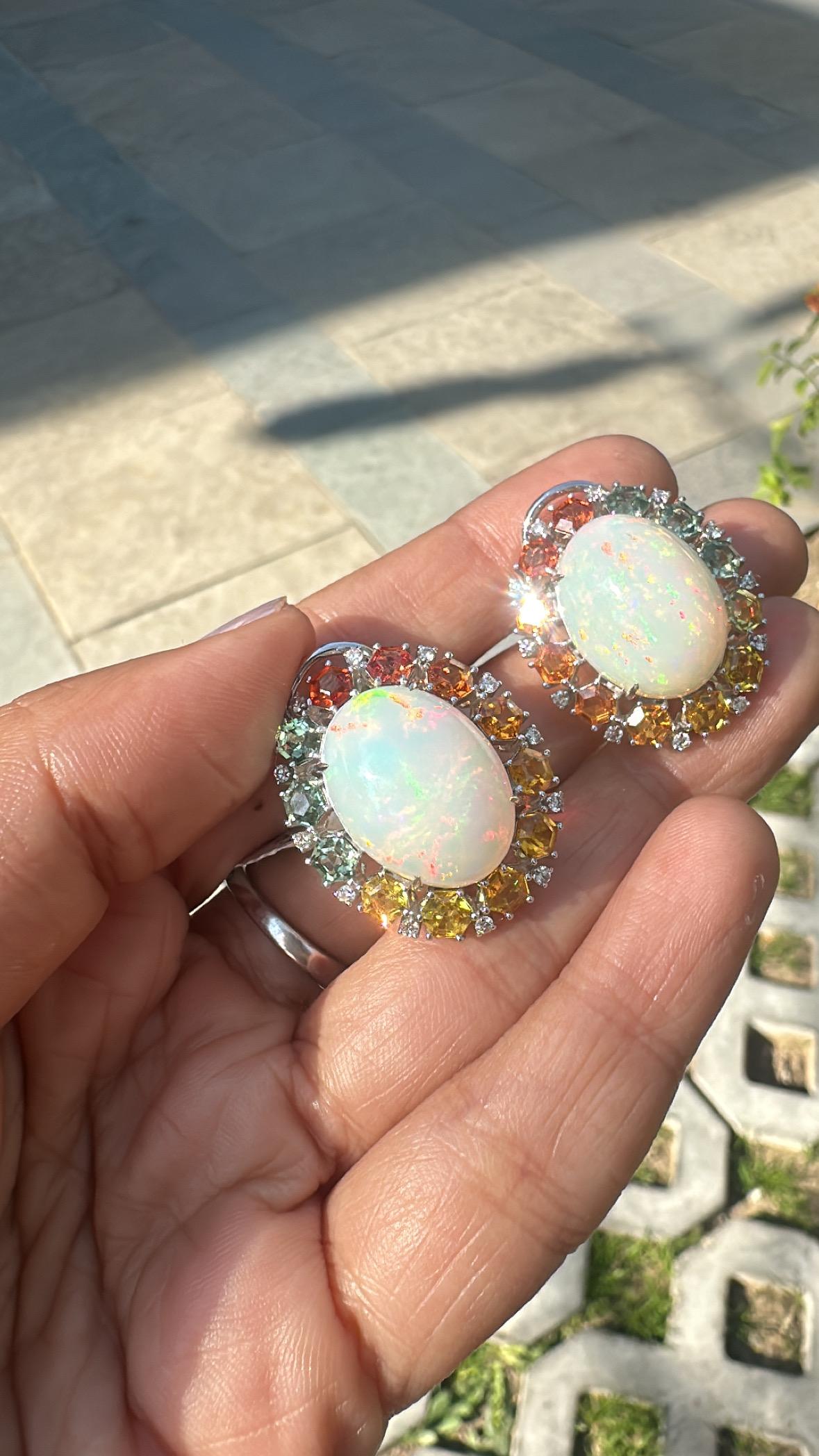 Set in 18K Gold, Ethiopian Opals, Multi Sapphires & Diamonds Stud Earrings For Sale 5