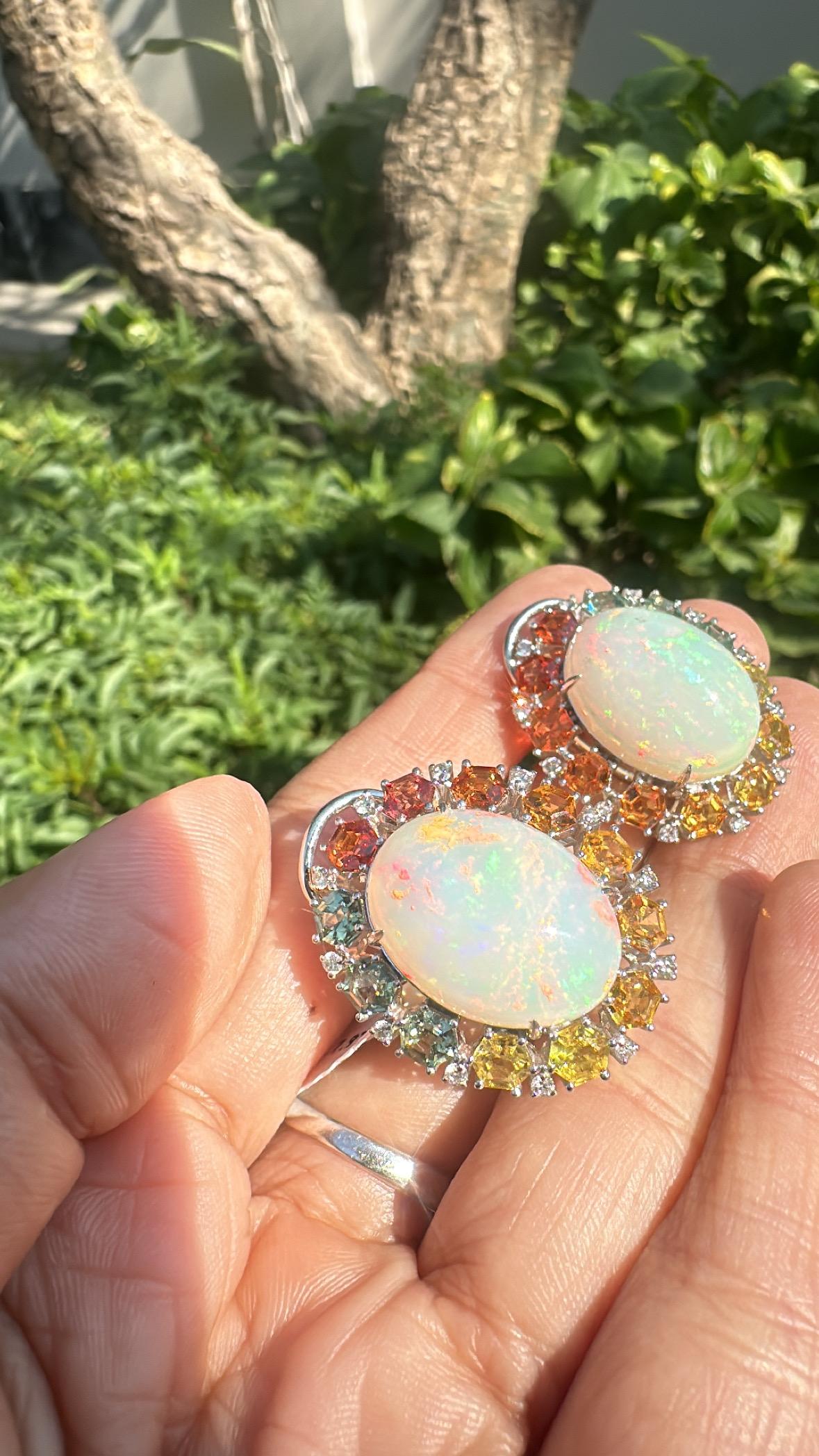 Set in 18K Gold, Ethiopian Opals, Multi Sapphires & Diamonds Stud Earrings For Sale 6