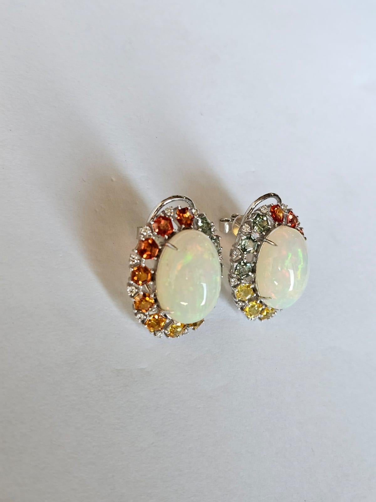 Cabochon Set in 18K Gold, Ethiopian Opals, Multi Sapphires & Diamonds Stud Earrings For Sale