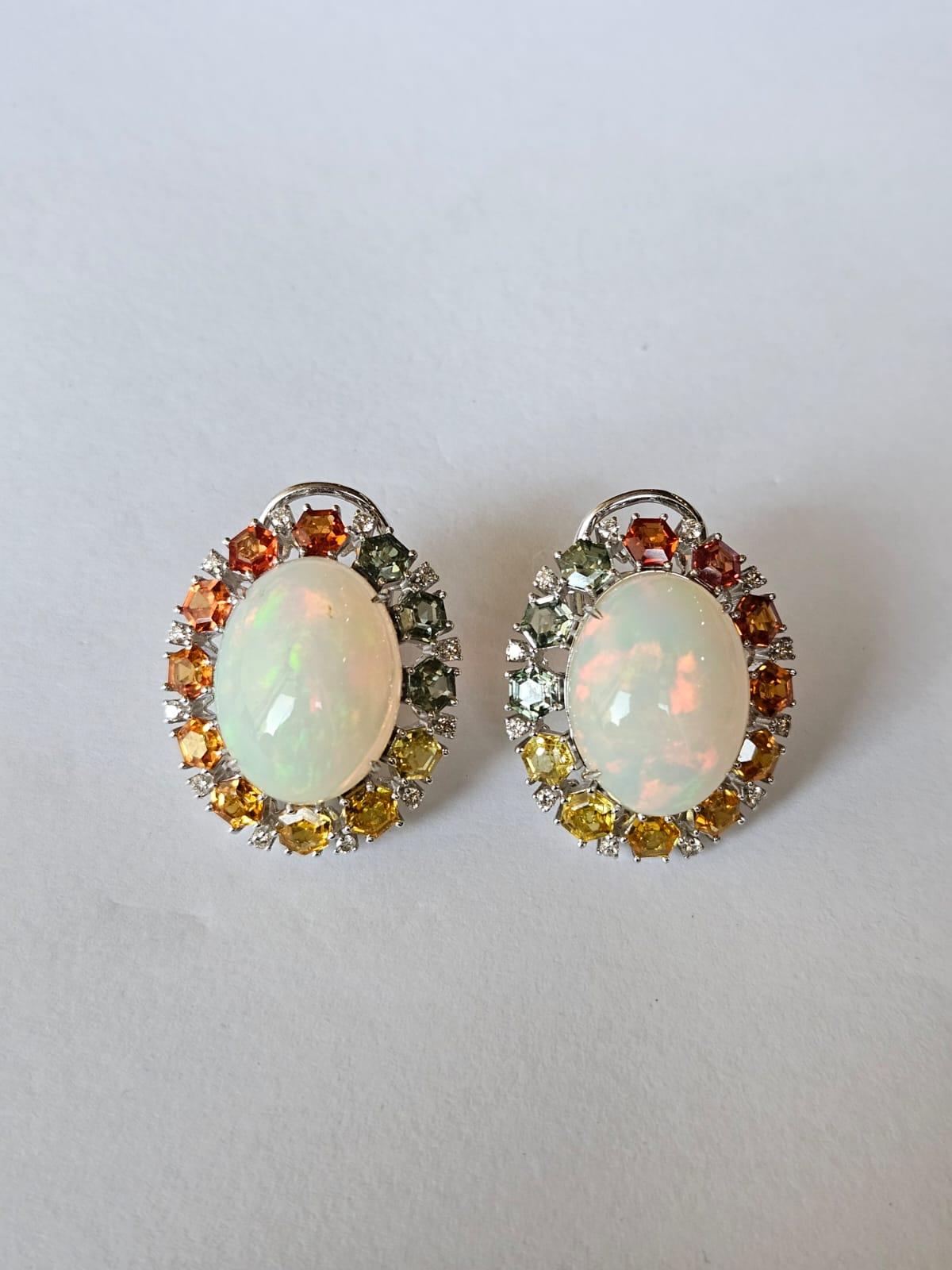 Set in 18K Gold, Ethiopian Opals, Multi Sapphires & Diamonds Stud Earrings In New Condition For Sale In Hong Kong, HK