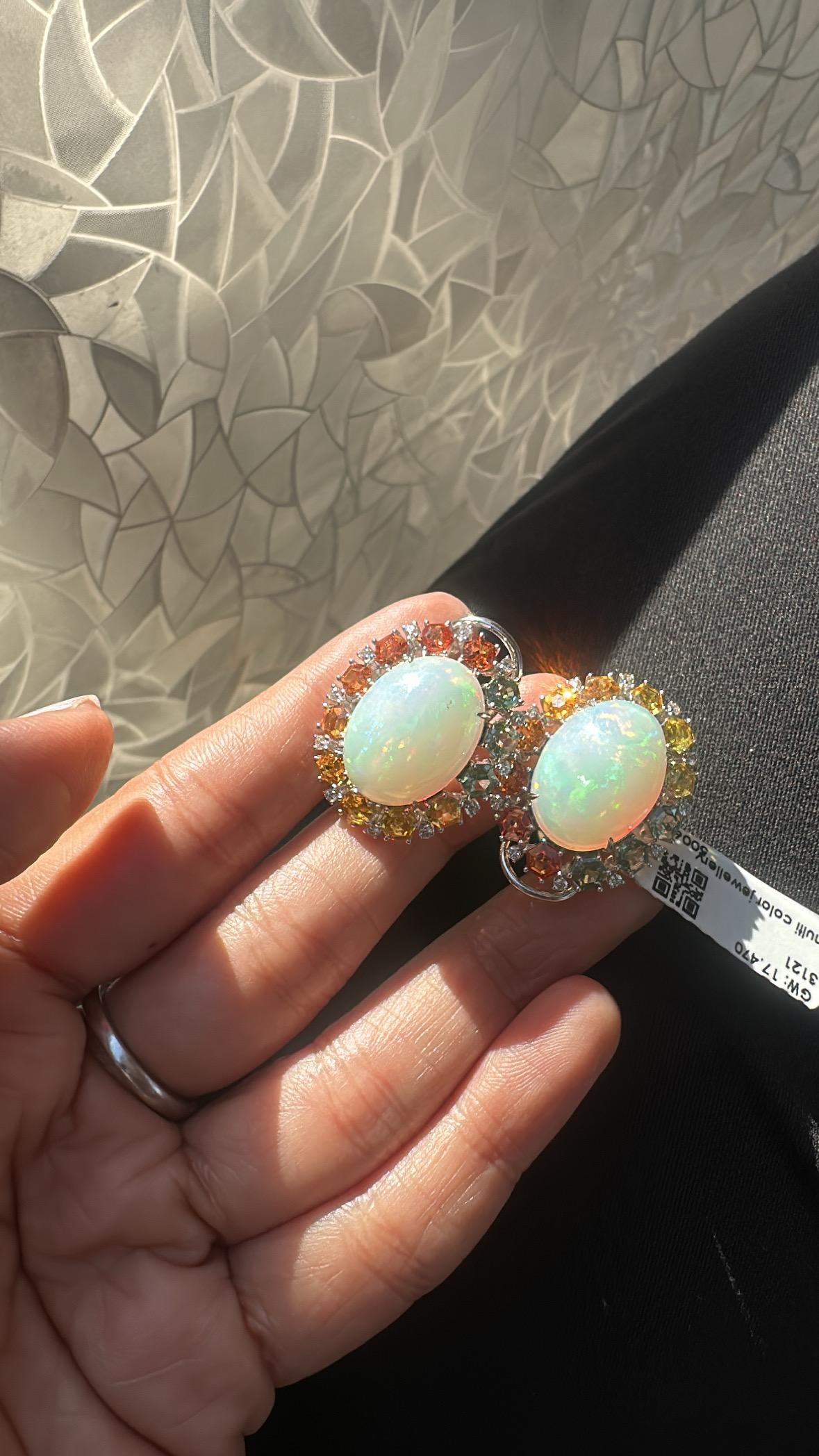 Women's or Men's Set in 18K Gold, Ethiopian Opals, Multi Sapphires & Diamonds Stud Earrings For Sale