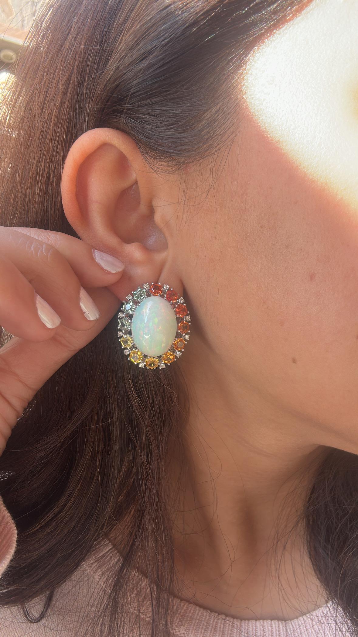 Set in 18K Gold, Ethiopian Opals, Multi Sapphires & Diamonds Stud Earrings For Sale 1