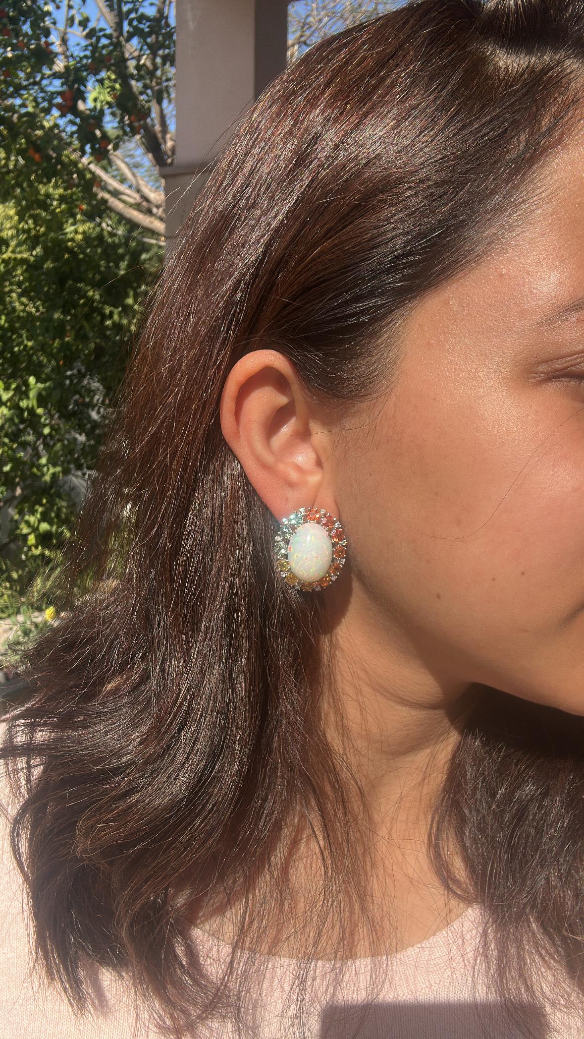 Set in 18K Gold, Ethiopian Opals, Multi Sapphires & Diamonds Stud Earrings For Sale 2