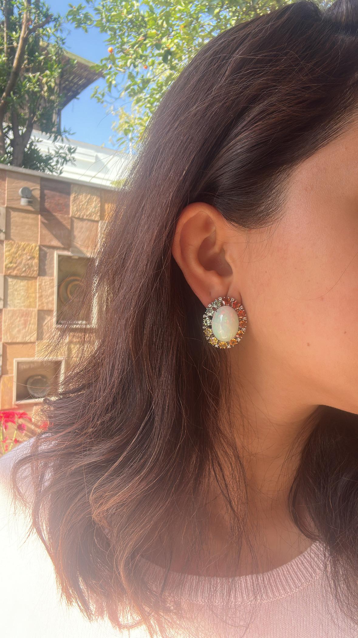Set in 18K Gold, Ethiopian Opals, Multi Sapphires & Diamonds Stud Earrings For Sale 3