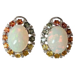 Set in 18K Gold, Ethiopian Opals, Multi Sapphires & Diamonds Stud Earrings