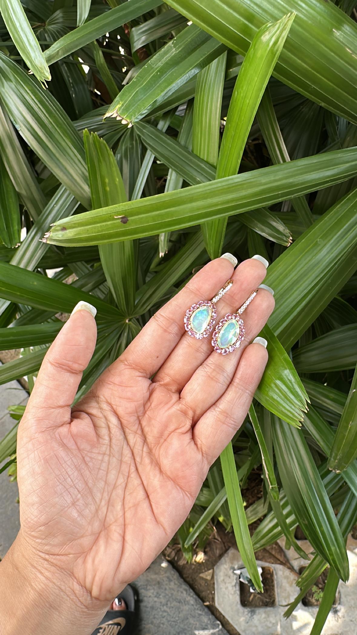 da uomo o donna Orecchini pendenti in oro 18 carati, Opali etiopi, zaffiri rosa e diamanti in vendita