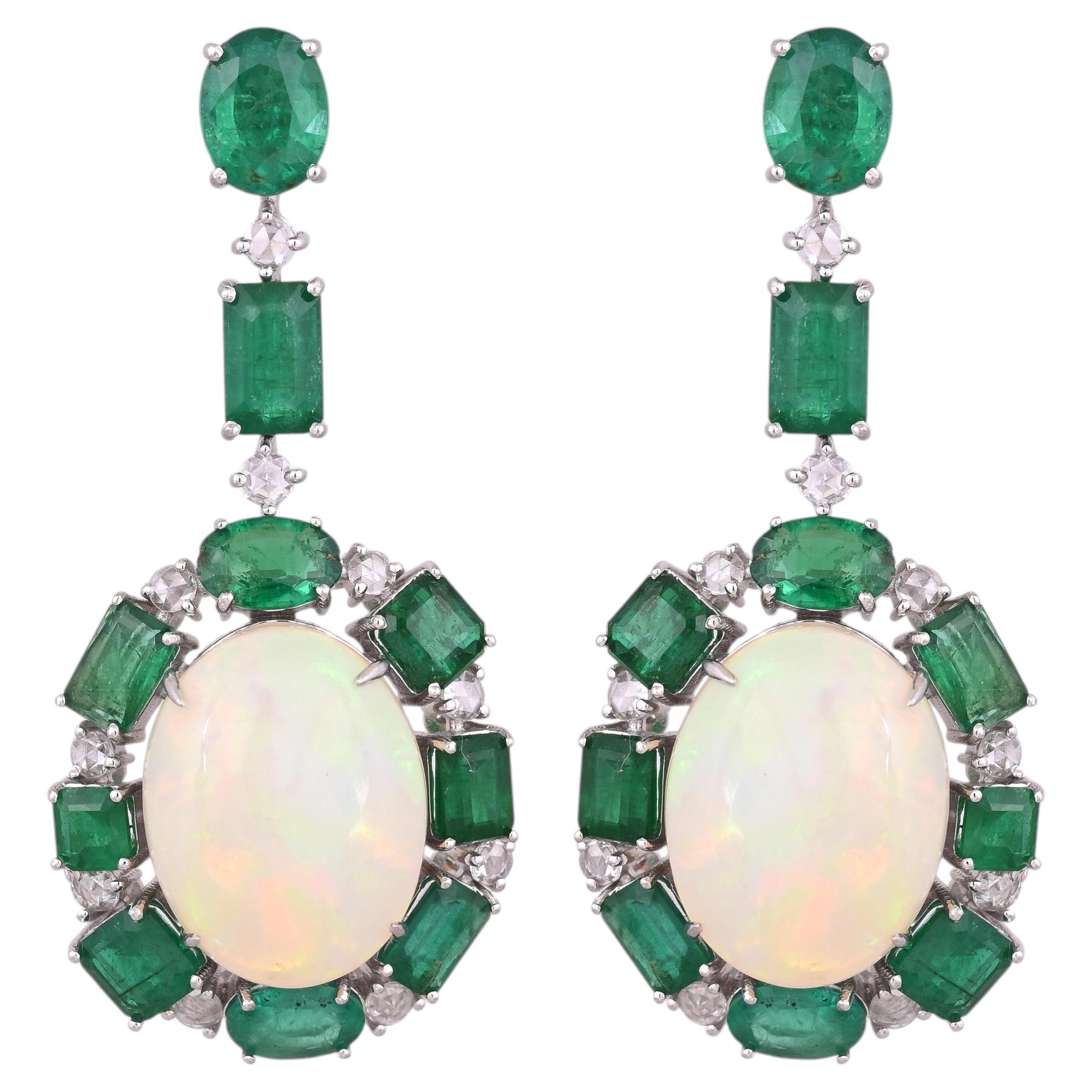Set in 18K Gold, Ethiopian Opals, Zambian Emeralds & Diamonds Chandelier Earring