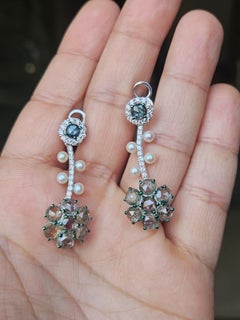 Set in 18K Gold, Green Sapphires, Freshwater Pearls & Diamonds Dangle Earrings