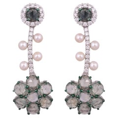 Set in 18K Gold, Green Sapphires, Freshwater Pearls & Diamonds Dangle Earrings