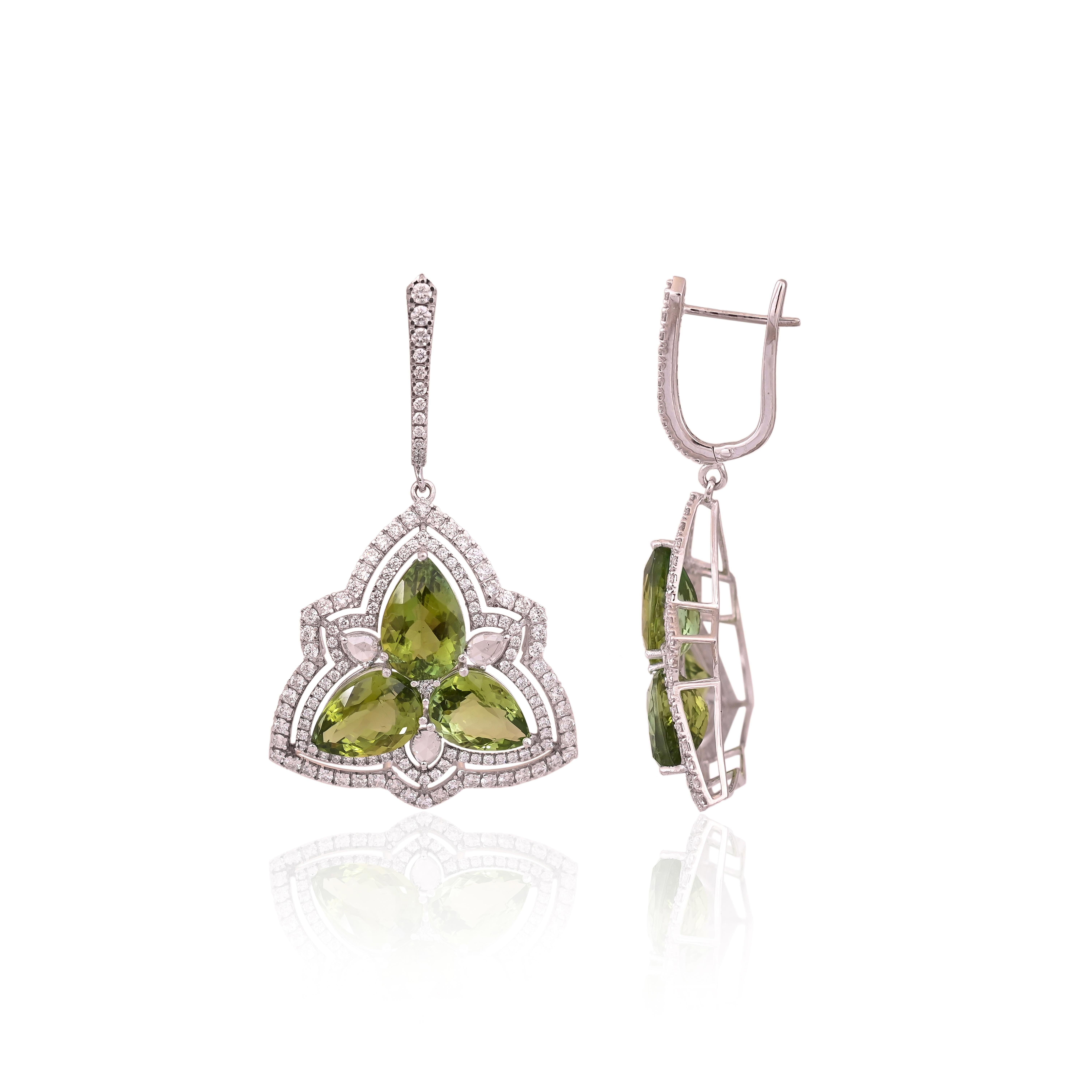 Modern Set in 18K Gold, Green Tourmaline & Rose Cut Diamonds Dangle Earrings For Sale