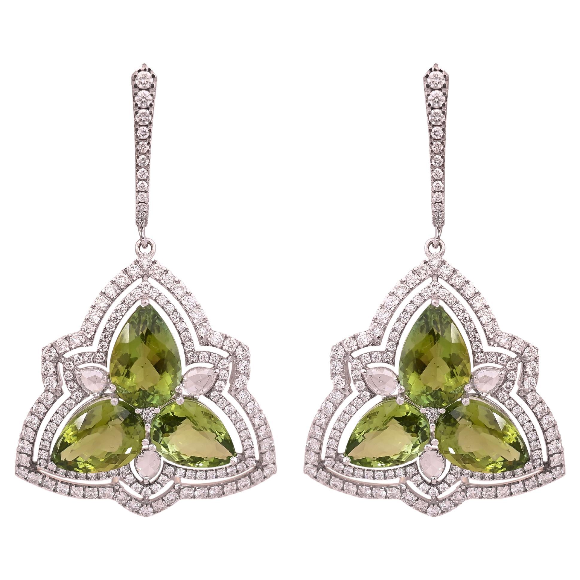 Set in 18K Gold, Green Tourmaline & Rose Cut Diamonds Dangle Earrings For Sale