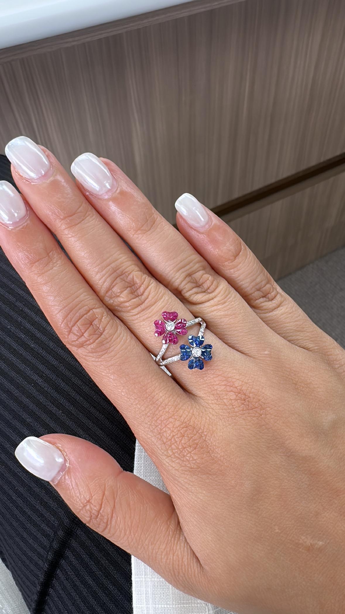 Set in 18K Gold, invisible set Blue Sapphires, Rubies & Diamonds Cluster Ring For Sale 5