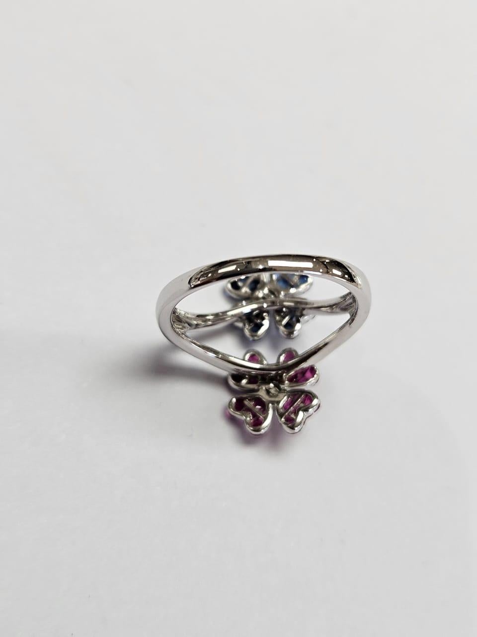 Modern Set in 18K Gold, invisible set Blue Sapphires, Rubies & Diamonds Cluster Ring For Sale