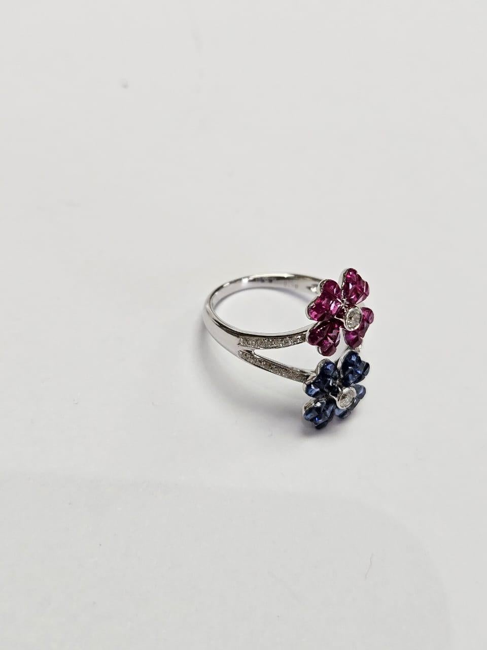 Princess Cut Set in 18K Gold, invisible set Blue Sapphires, Rubies & Diamonds Cluster Ring For Sale