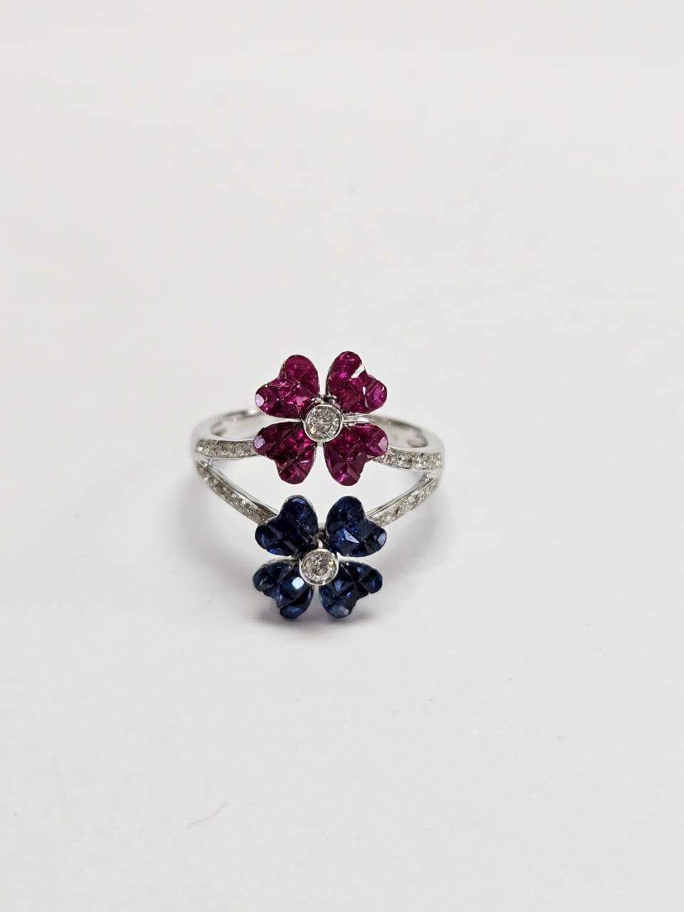 Set in 18K Gold, invisible set Blue Sapphires, Rubies & Diamonds Cluster Ring In New Condition For Sale In Hong Kong, HK