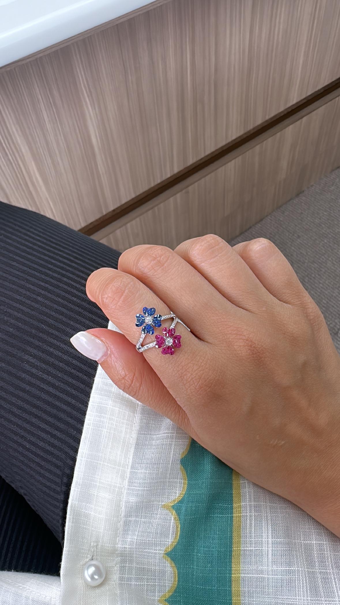 Set in 18K Gold, invisible set Blue Sapphires, Rubies & Diamonds Cluster Ring For Sale 1