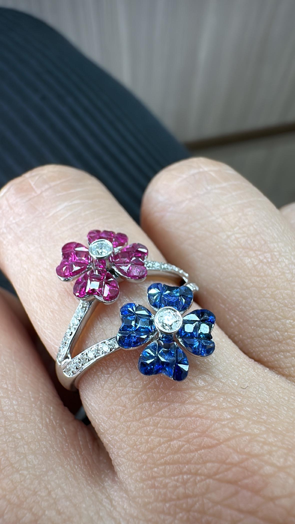 Set in 18K Gold, invisible set Blue Sapphires, Rubies & Diamonds Cluster Ring For Sale 2