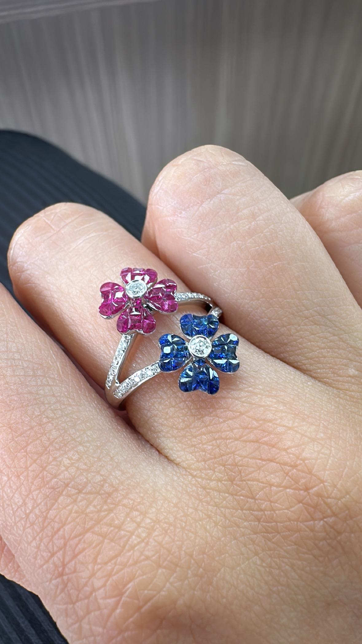 Set in 18K Gold, invisible set Blue Sapphires, Rubies & Diamonds Cluster Ring For Sale 3