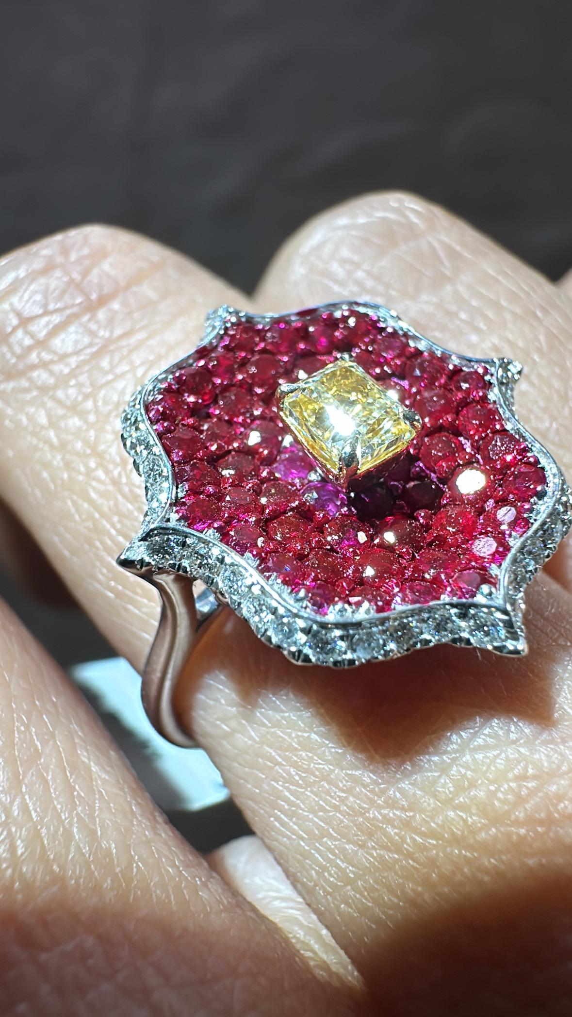 Set in 18K Gold, Invisible set Rubies, Yellow Diamond & Diamonds Engagement Ring For Sale 4