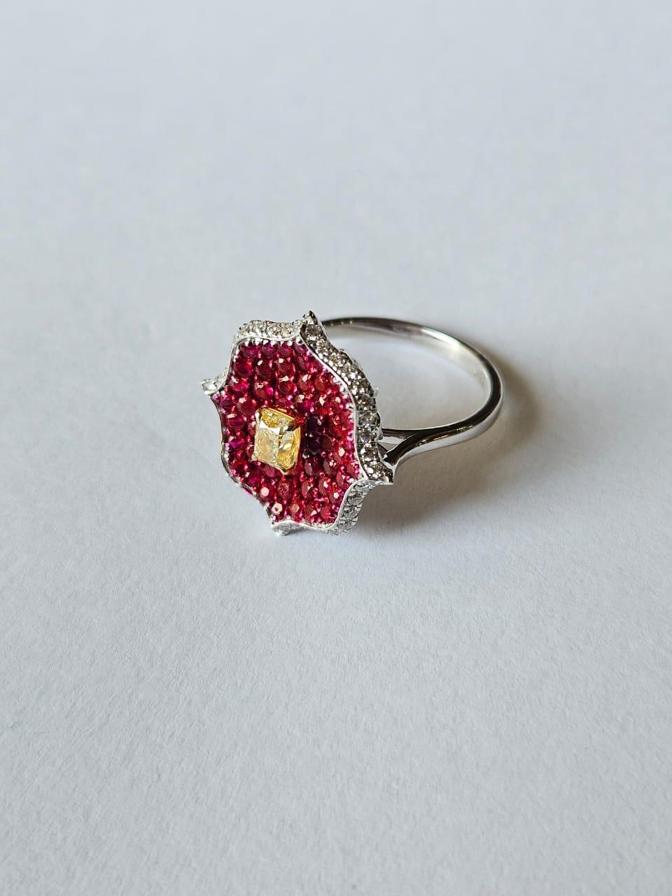 Modern Set in 18K Gold, Invisible set Rubies, Yellow Diamond & Diamonds Engagement Ring For Sale