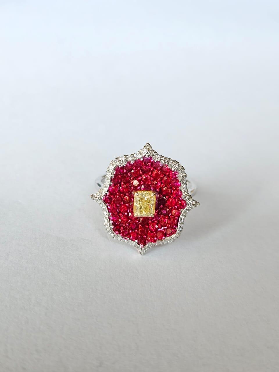 Set in 18K Gold, Invisible set Rubies, Yellow Diamond & Diamonds Engagement Ring In New Condition For Sale In Hong Kong, HK