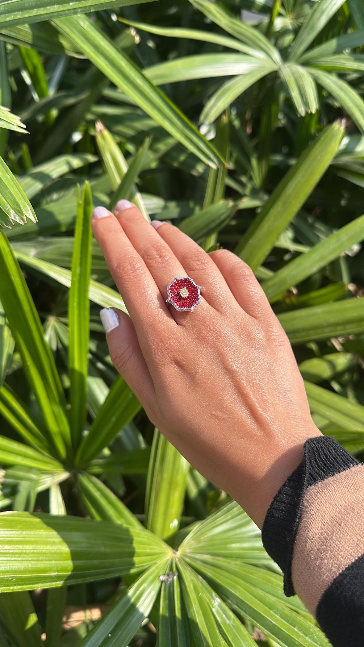 Set in 18K Gold, Invisible set Rubies, Yellow Diamond & Diamonds Engagement Ring For Sale 2