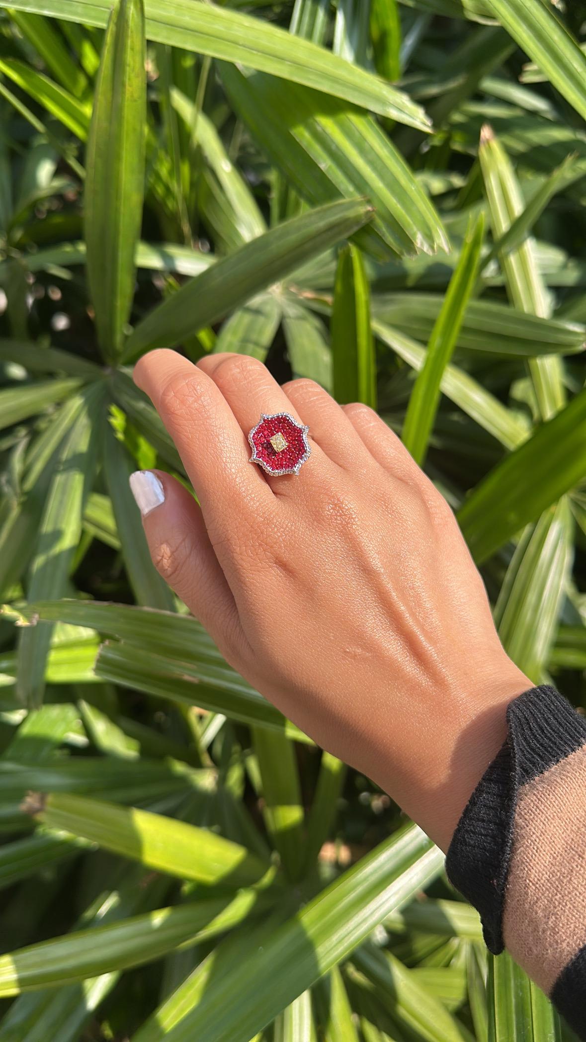 Set in 18K Gold, Invisible set Rubies, Yellow Diamond & Diamonds Engagement Ring For Sale 3