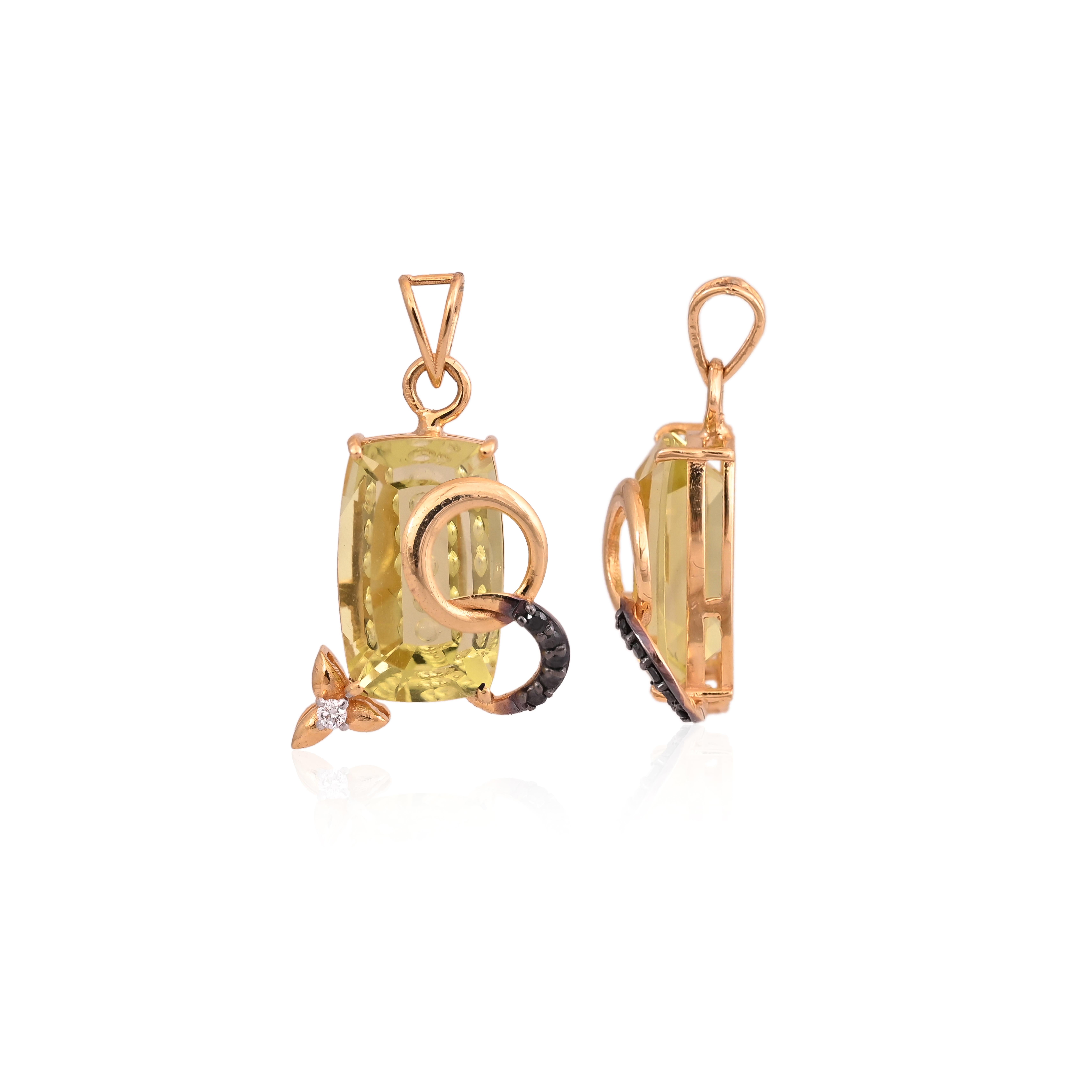 Modern Set in 18K Gold, Lemon Topaz & Black Diamonds Pendant Necklace & Stud Earrings For Sale