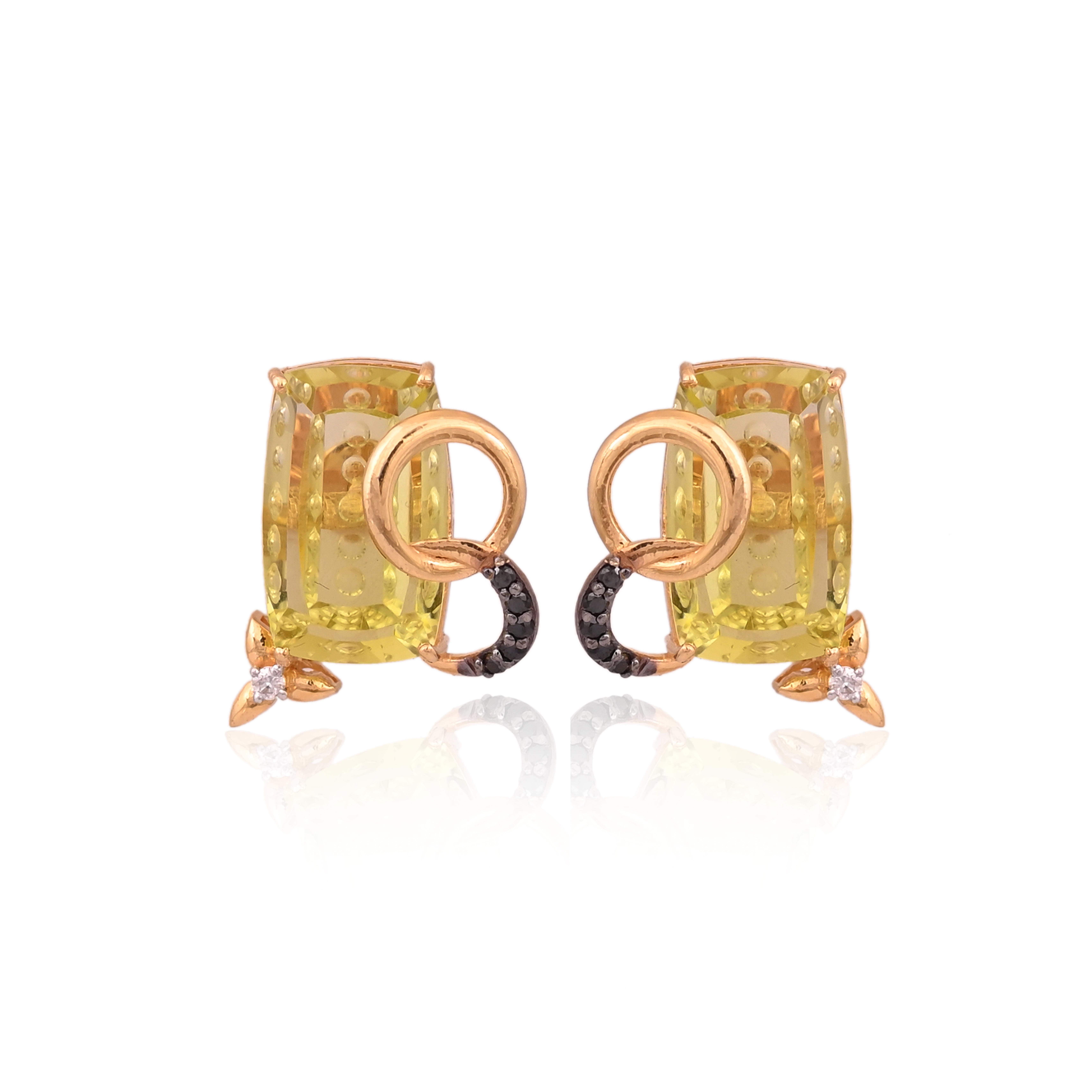 Round Cut Set in 18K Gold, Lemon Topaz & Black Diamonds Pendant Necklace & Stud Earrings For Sale