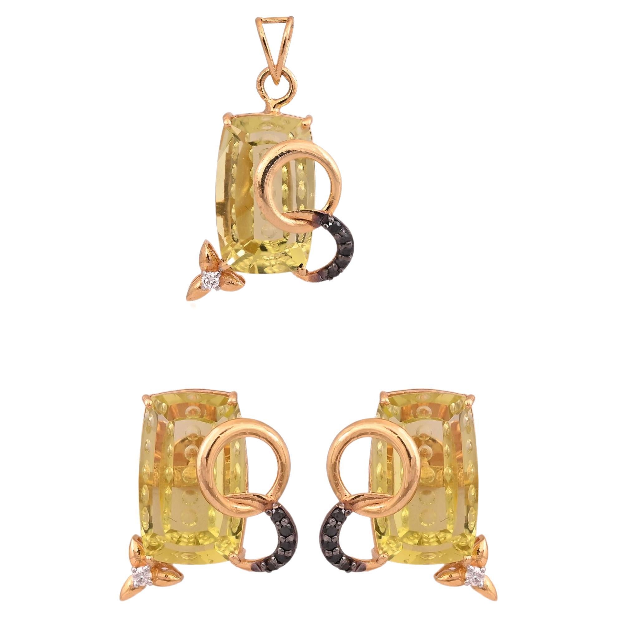 Set in 18K Gold, Lemon Topaz & Black Diamonds Pendant Necklace & Stud Earrings For Sale