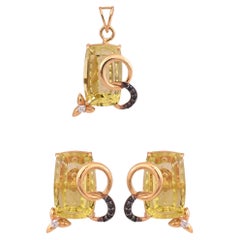 Set in 18K Gold, Lemon Topaz & Black Diamonds Pendant Necklace & Stud Earrings