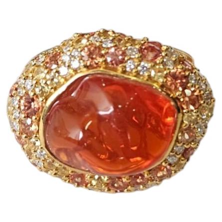 Verlobungsring aus 18-karätigem Gold mit mexikanischem Feueropal, orangefarbenen Saphiren und Diamanten