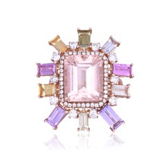Set in 18K Gold, Morganite, Multi Sapphires & Diamonds Cocktail Engagement Ring