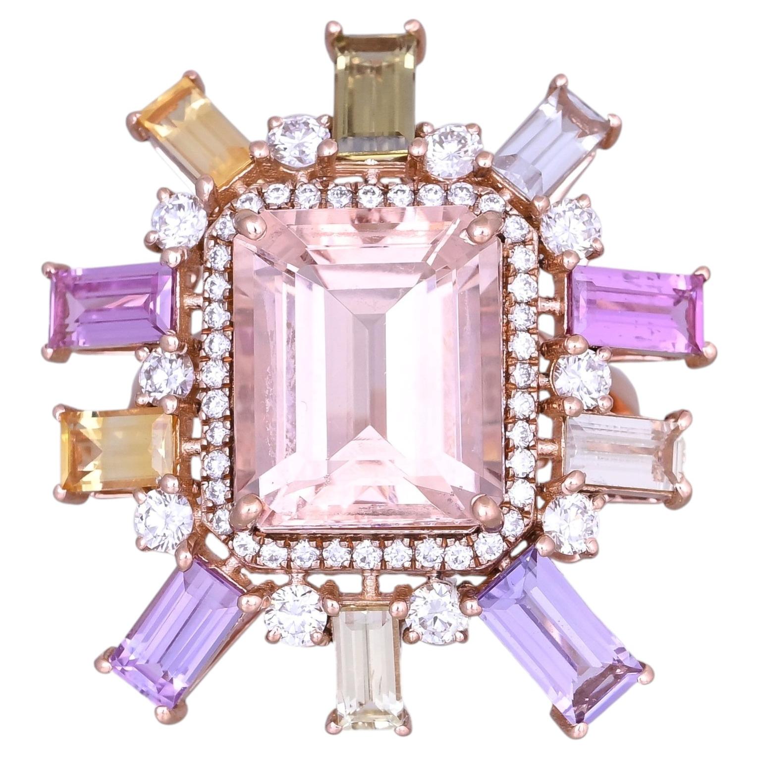 Set in 18K Gold, Morganite, Multi Sapphires & Diamonds Cocktail Engagement Ring