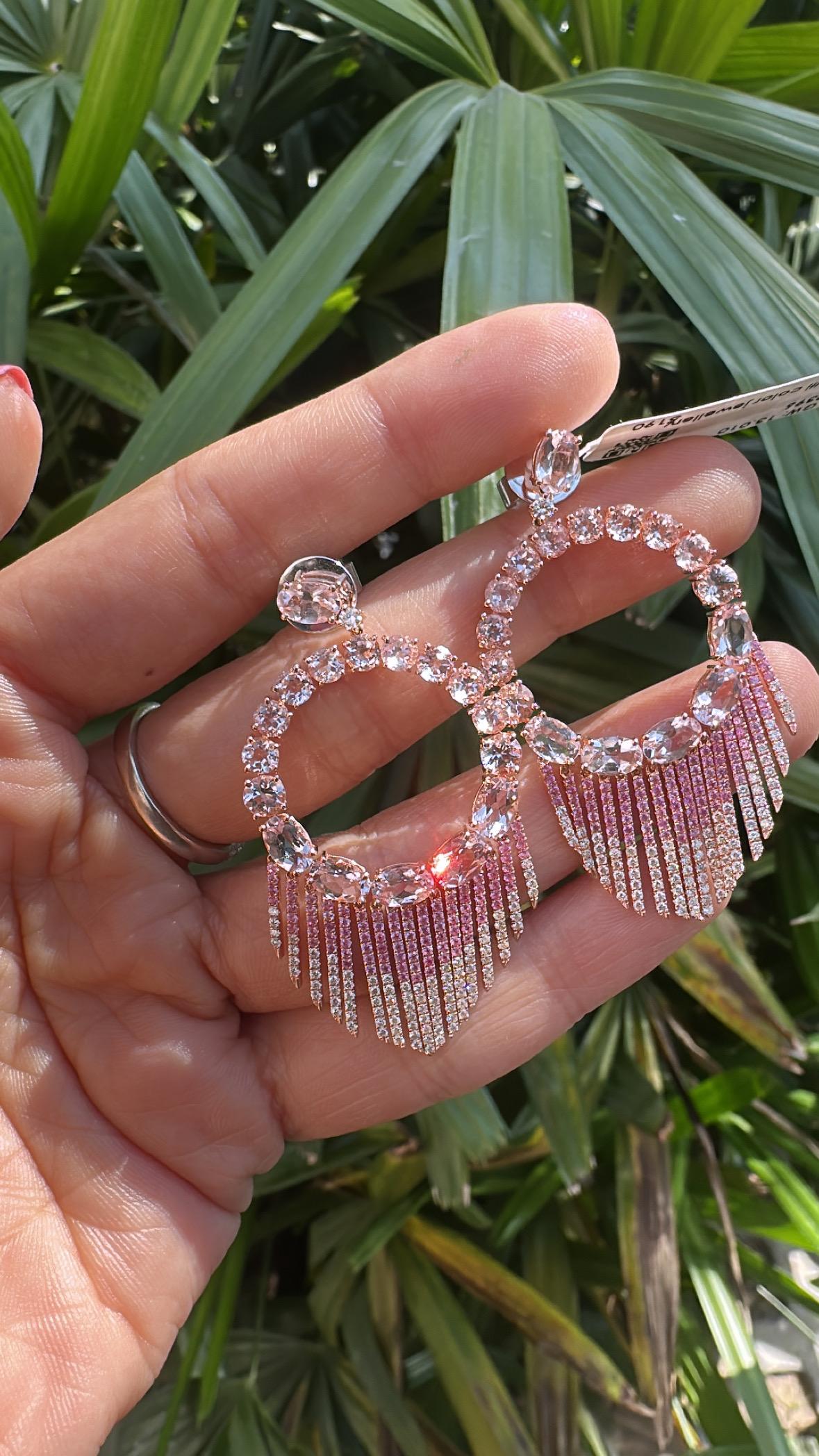 A very gorgeous and beautiful, modern style, Morganite & Pink Sapphire Chandelier Hoop Earrings set in 18K Rose Gold & natural Diamonds. The weight of the Morganites is 8.69 carats. The weight of the Pink Sapphires is 1.27 carats. The Diamonds