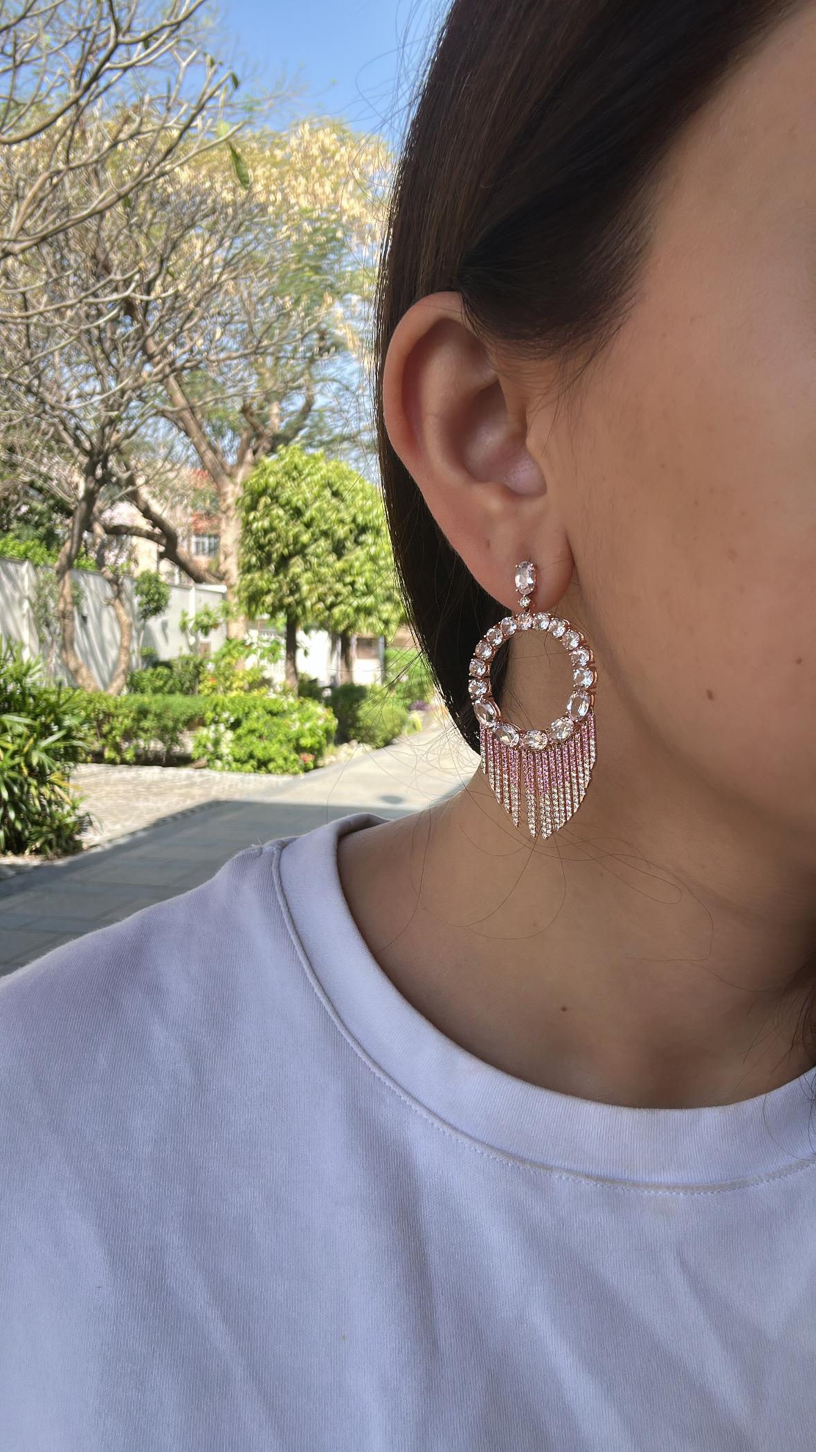 Modern Set in 18K Gold, Morganite, Pink Sapphires & Diamonds Hoop Chandelier Earrings For Sale