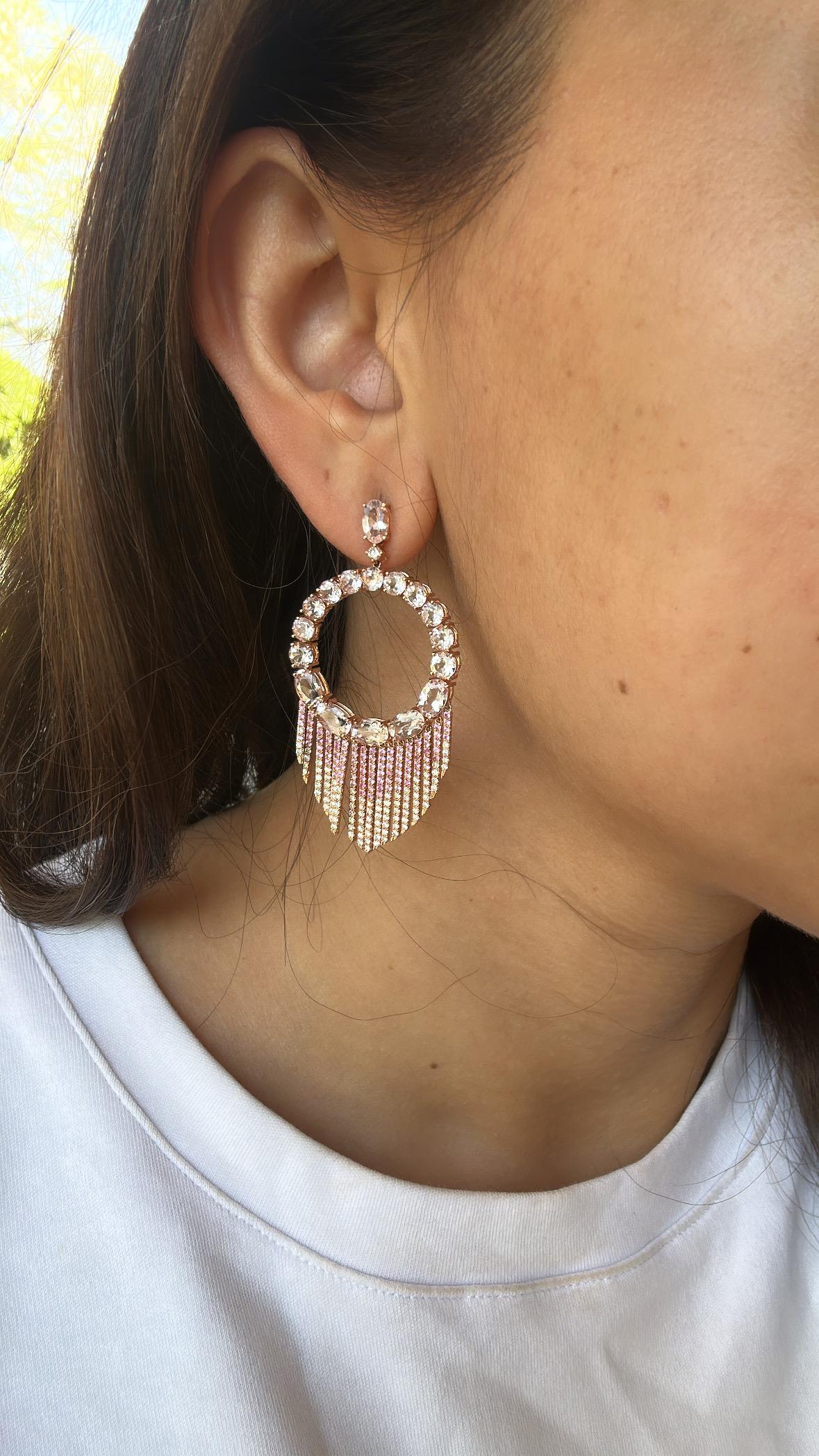 Round Cut Set in 18K Gold, Morganite, Pink Sapphires & Diamonds Hoop Chandelier Earrings For Sale