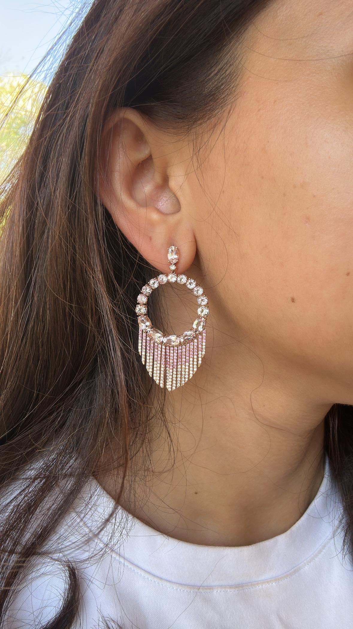 Set in 18K Gold, Morganite, Pink Sapphires & Diamonds Hoop Chandelier Earrings In New Condition For Sale In Hong Kong, HK