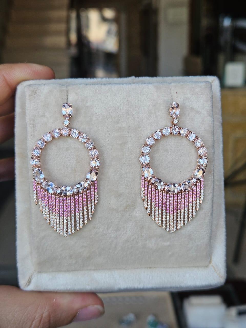 Set in 18K Gold, Morganite, Pink Sapphires & Diamonds Hoop Chandelier Earrings For Sale 1