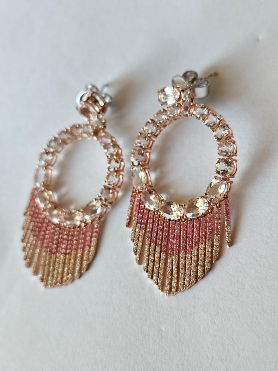 Set in 18K Gold, Morganite, Pink Sapphires & Diamonds Hoop Chandelier Earrings For Sale 3