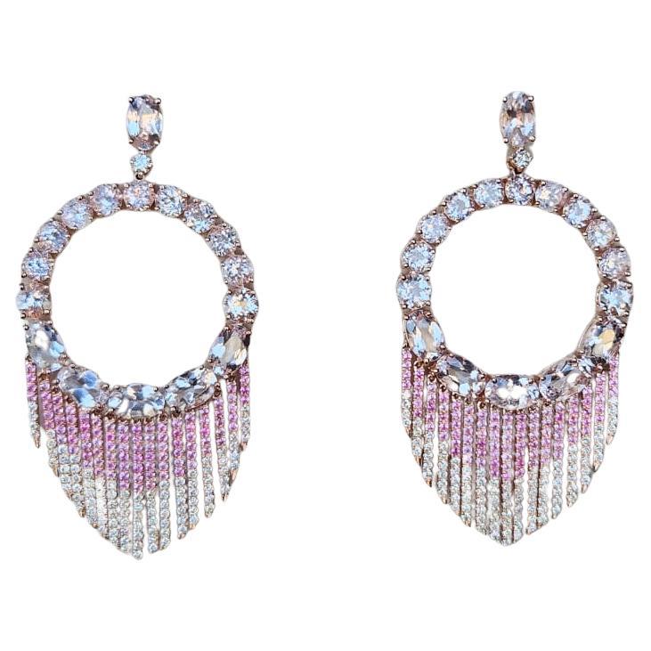 Set in 18K Gold, Morganite, Pink Sapphires & Diamonds Hoop Chandelier Earrings For Sale