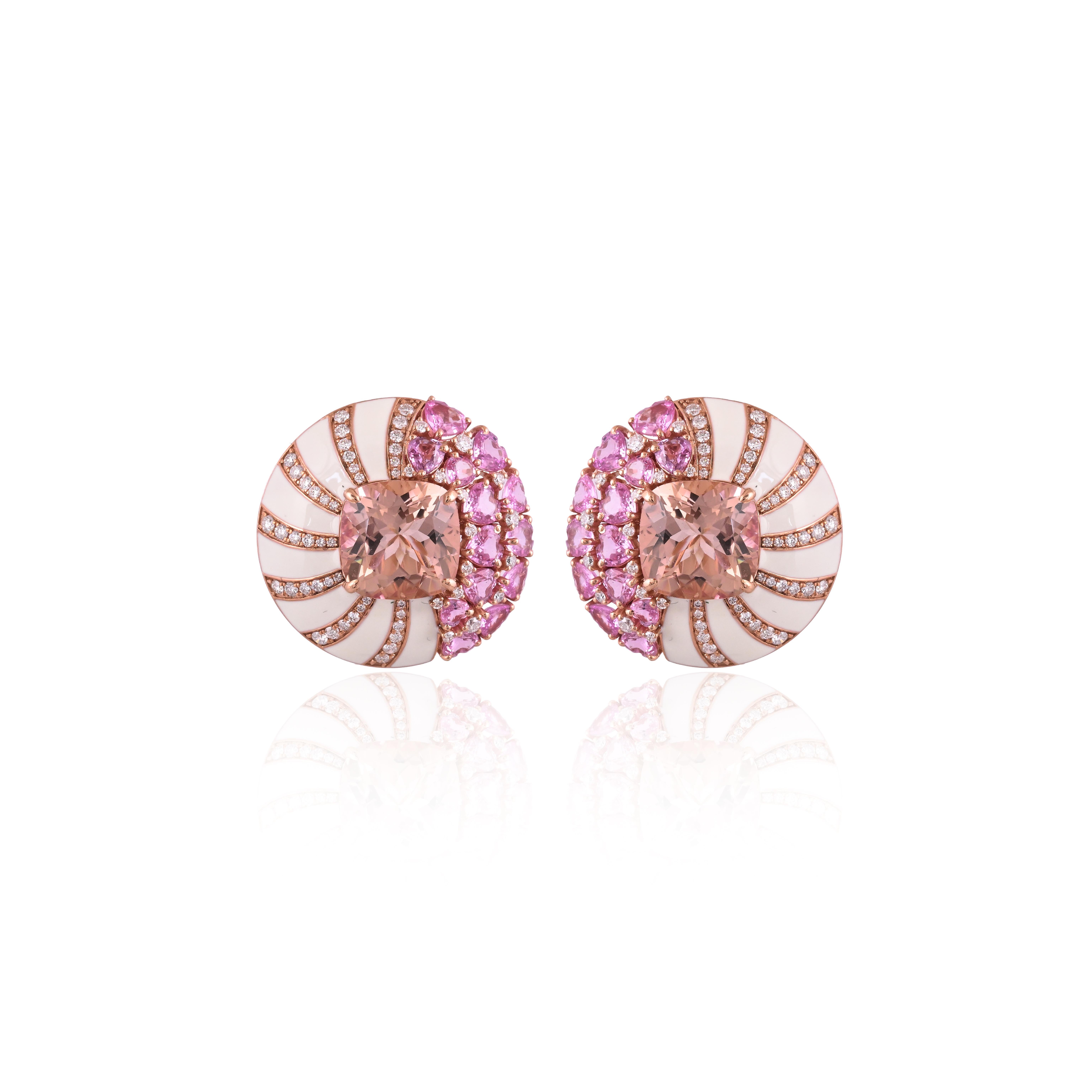 A very gorgeous and beautiful, one of a kind, Morganinte & Pink Sapphires Stud Earrings set in 18K Rose Gold & natural Diamonds. The weight of the cushion cut Morganites is 13.59 carats. The weight of the Pink Sapphires is 7.22 carats. The Pink