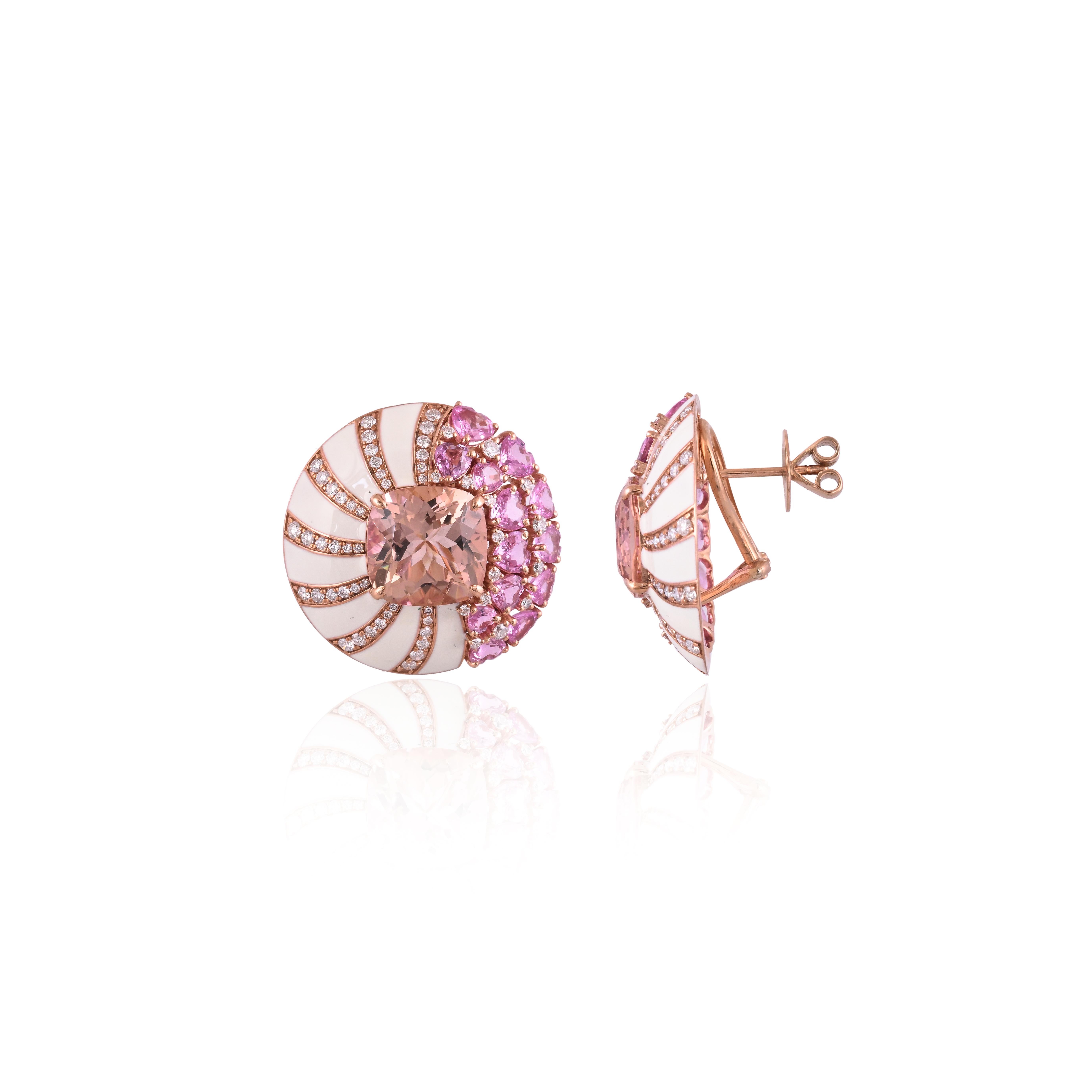 Modern Set in 18K Gold, Morganite, Pink Sapphires, White Enamel & Diamonds Stud Earring For Sale