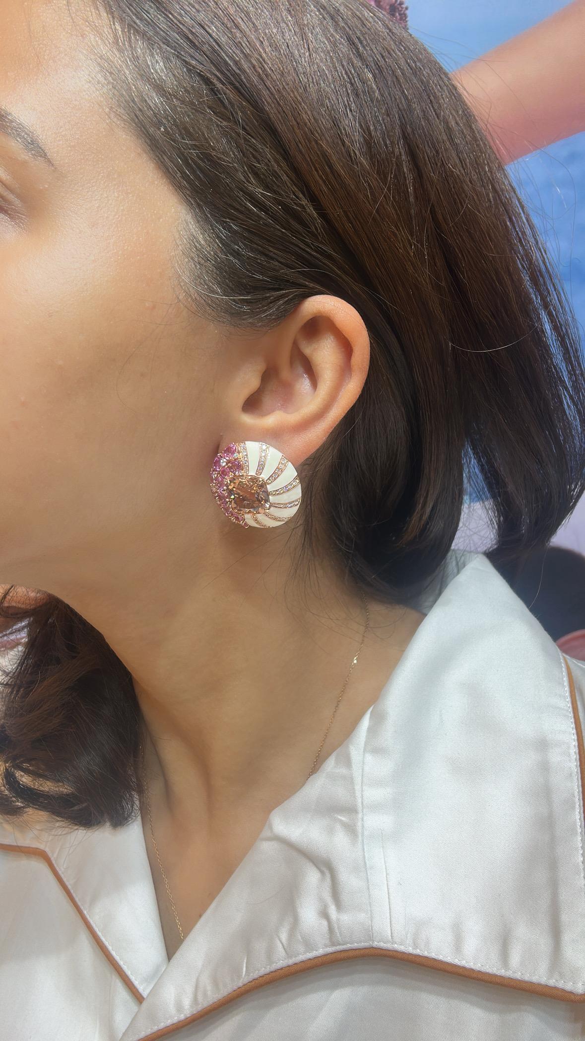 Women's or Men's Set in 18K Gold, Morganite, Pink Sapphires, White Enamel & Diamonds Stud Earring For Sale
