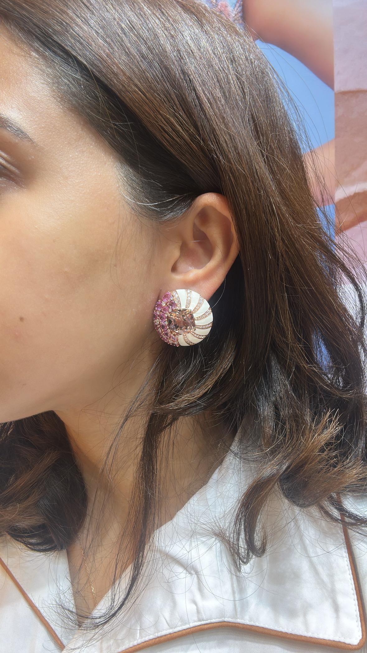 Set in 18K Gold, Morganite, Pink Sapphires, White Enamel & Diamonds Stud Earring For Sale 1