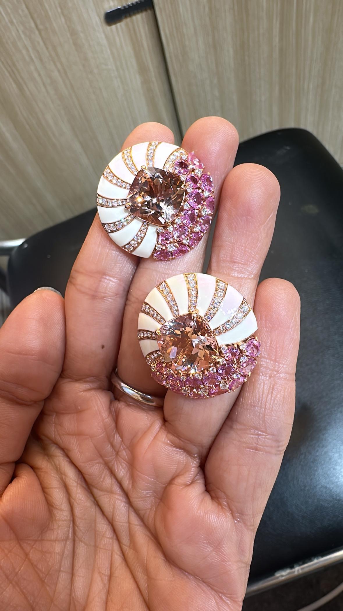 Set in 18K Gold, Morganite, Pink Sapphires, White Enamel & Diamonds Stud Earring For Sale 2
