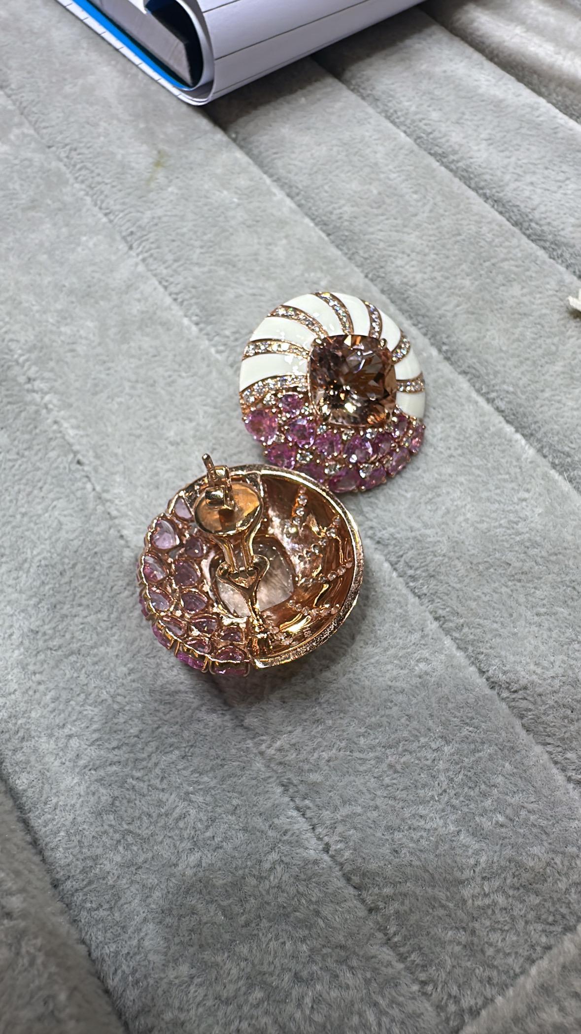 Set in 18K Gold, Morganite, Pink Sapphires, White Enamel & Diamonds Stud Earring For Sale 3